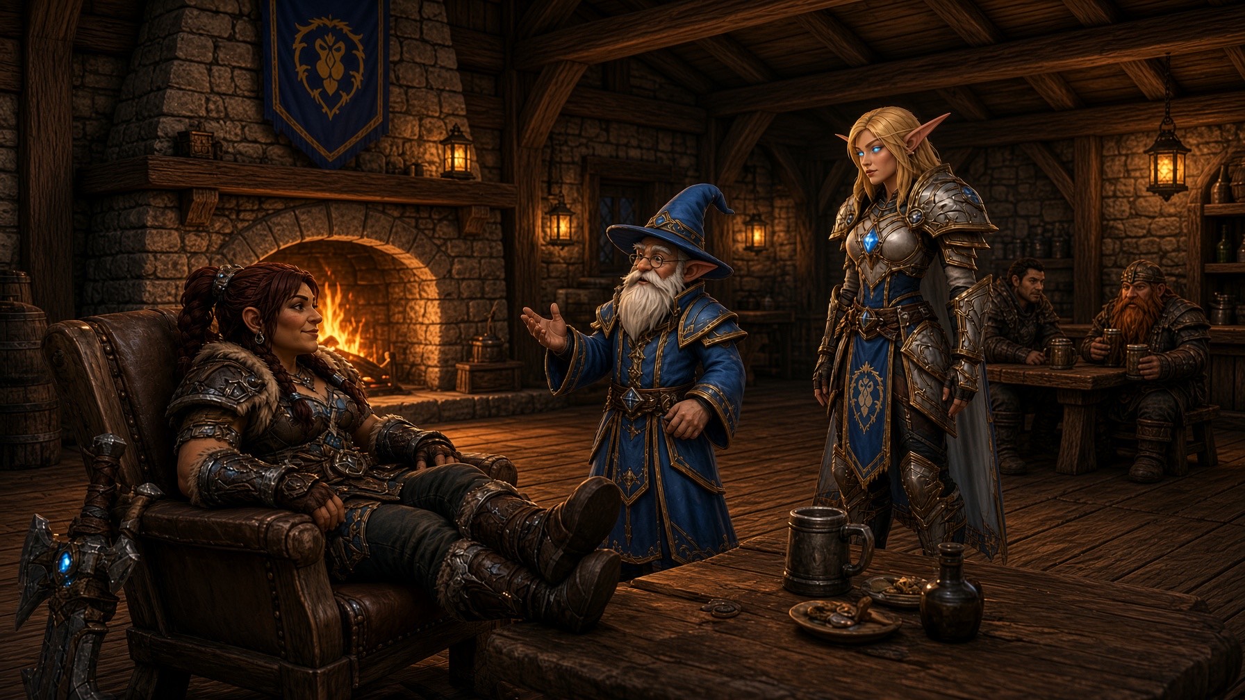 Adventurers gathered by a tavern hearth: a dwarf with her feet up, a gnome mage telling a story, an elf paladin with glowing blue eyes, and friends sharing tankards in the background.